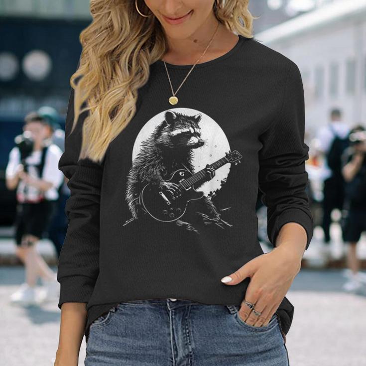 Racoon Playing Guitar With Moon Raccoon Meme Guitarist Long Sleeve T-Shirt Gifts for Her