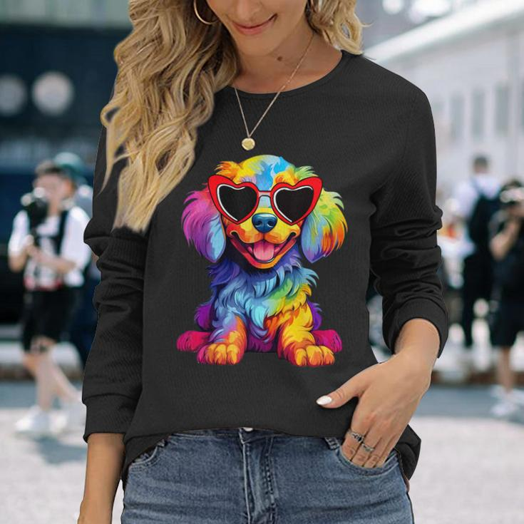 Rainbow Cute Dog Wearing Glasses Heart Puppy Love Dog Long Sleeve T-Shirt Gifts for Her