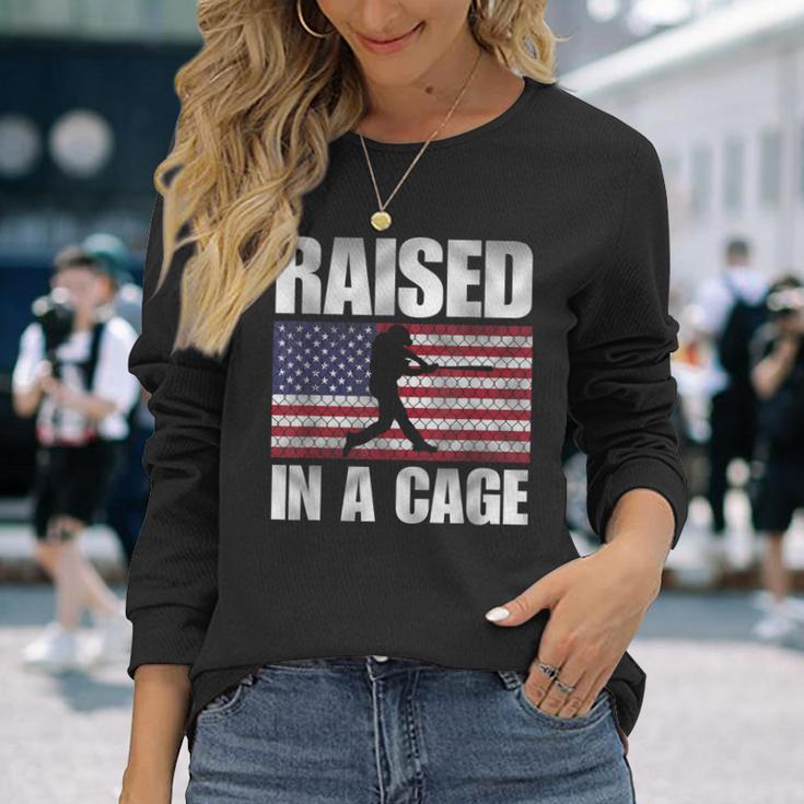 Raised In A Cage Joke Baseball Player Pitcher Flag Long Sleeve T-Shirt Gifts for Her