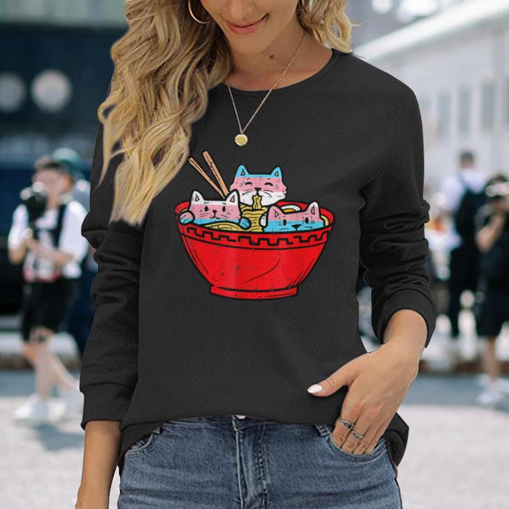 Ramen Cats Transgender Trans Pride Flag Japanese Noodle Food Long Sleeve T-Shirt Gifts for Her