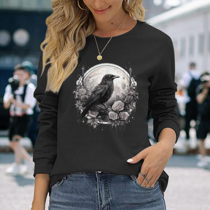 Raven Full Moon Gothic Witchy Crow Roses Mystical Long Sleeve T-Shirt Gifts for Her