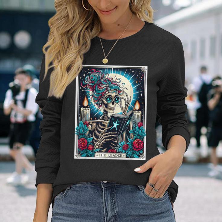 The Reader Tarot Card Book Lover Skeleton Reading Book Long Sleeve T-Shirt Gifts for Her