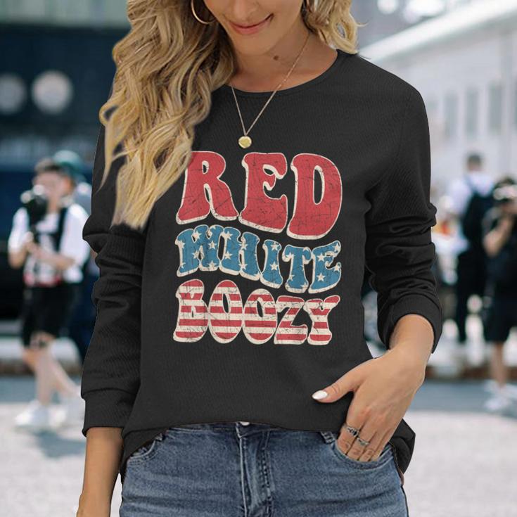 Red White & Boozy Retro Usa America Flag Happy 4Th Of July Long Sleeve T-Shirt Gifts for Her