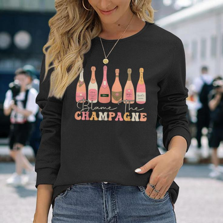 Retro Blame The Champagne Happy New Year 2024 Party Friends Long Sleeve T-Shirt Gifts for Her