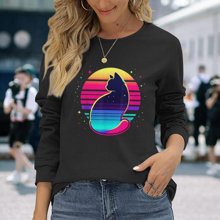 Retro Cat Eclipse Vintage Style Long Sleeve T-Shirt Gifts for Her