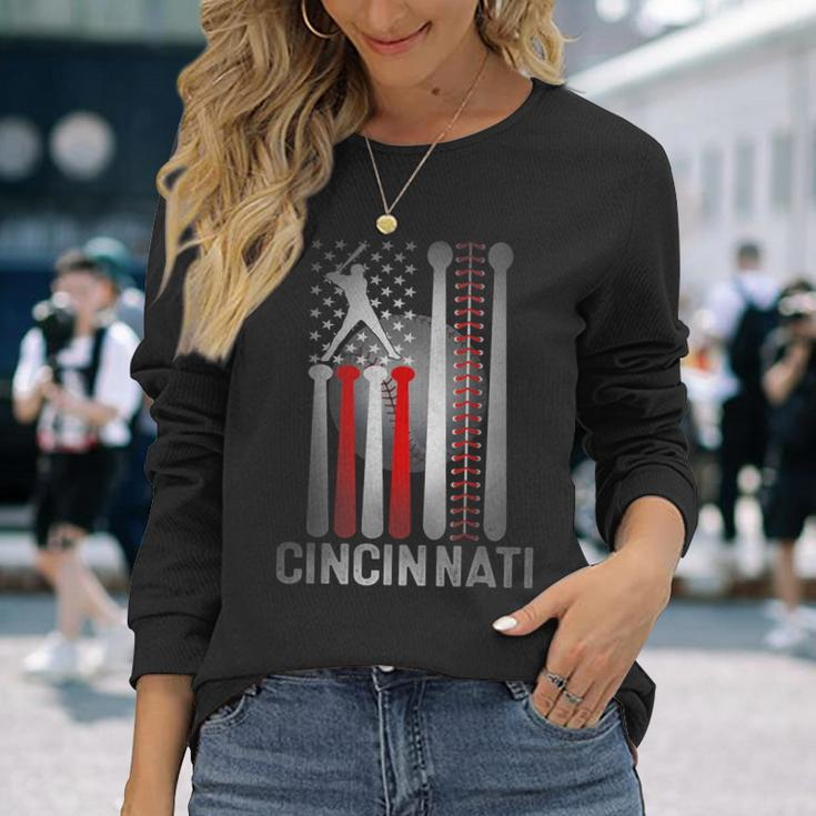 Retro Cincinnati American Flag Distressed Baseball Fans Long Sleeve T-Shirt Gifts for Her