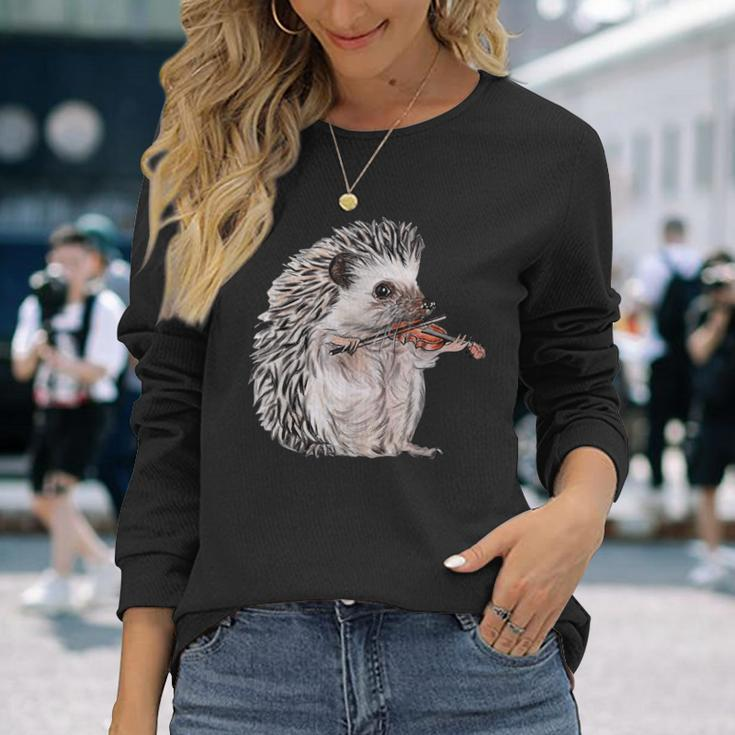 Retro Hedgehog Playing Viloin Musician Violinist Hedgehog Long Sleeve T-Shirt Gifts for Her