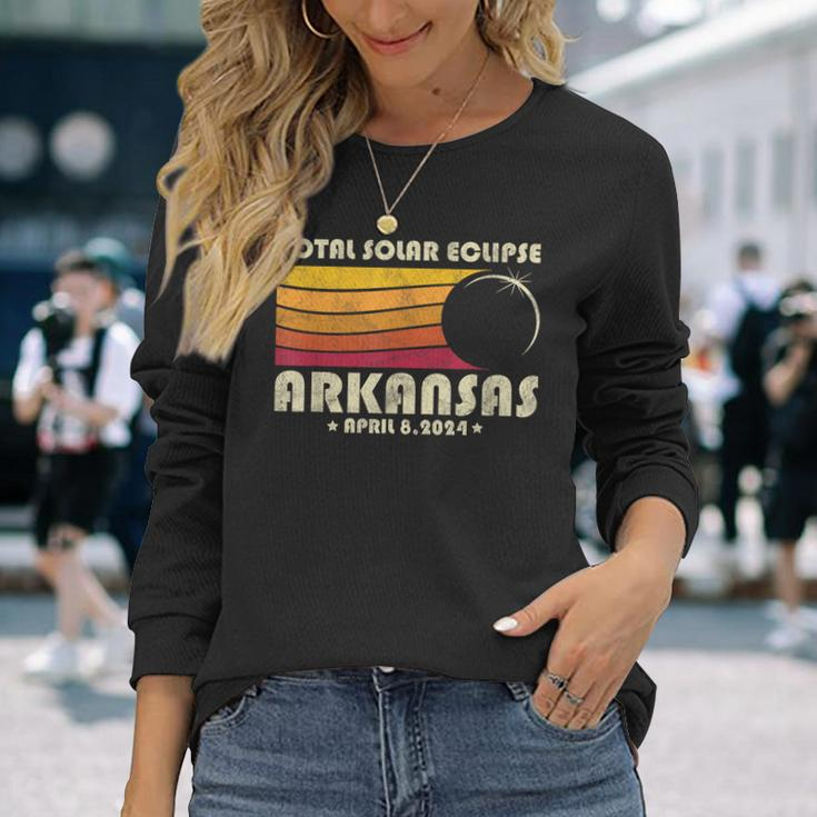 Retro Total Solar Eclipse 2024 Arkansas Usa Totality Long Sleeve T-Shirt Gifts for Her