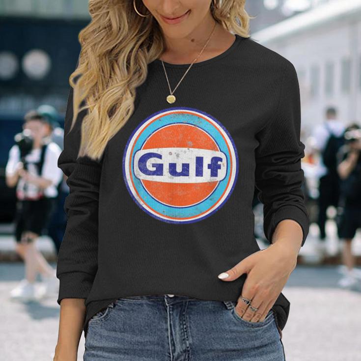 Retro Vintage Gas Station Gulf Motor Oil Car Bikes Garage Long Sleeve T-Shirt Gifts for Her