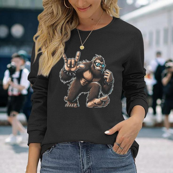 Rock And Roll Big Foot Dancing Sasquatch With Sunglass Long Sleeve T-Shirt Gifts for Her