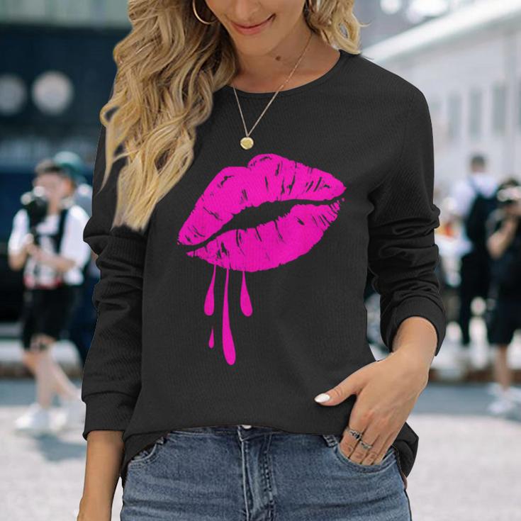 Rosa Lippen Kuss 80er Jahre Lippenstift Make-Up Liebhaber Langarmshirts Geschenke für Sie