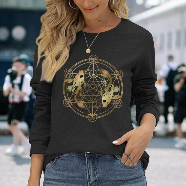 Sacred Geometry Shapes Vintage Japanese Koi Fish Long Sleeve T-Shirt Gifts for Her