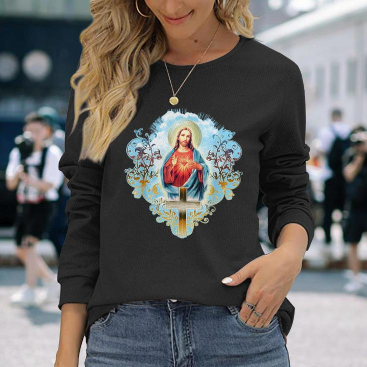 Sacred Heart Of Jesus Christ Vintage Cross Catholic Long Sleeve T-Shirt Gifts for Her