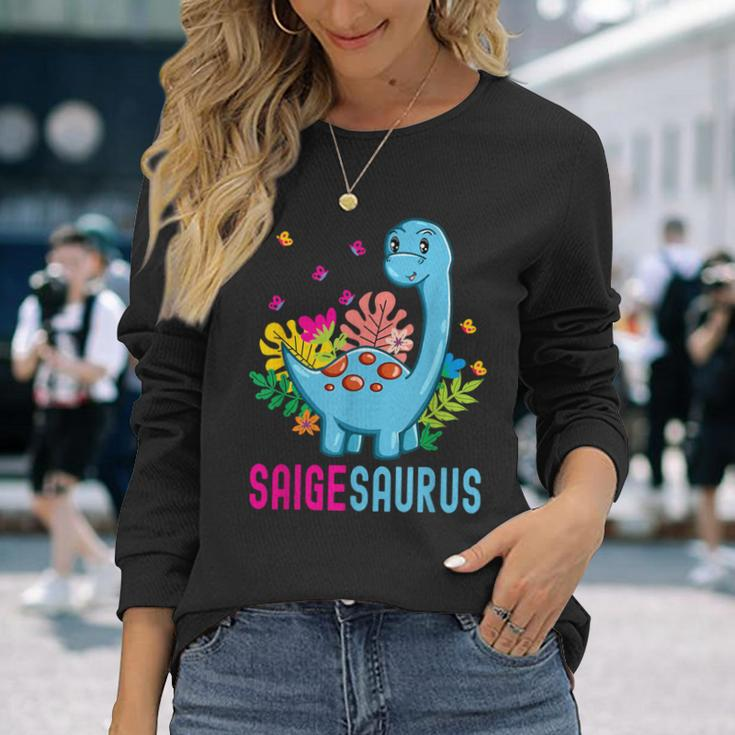 Saigesaurus Personalisierter Name Saige Dino Dinosaurier Geburtstag Langarmshirts Geschenke für Sie