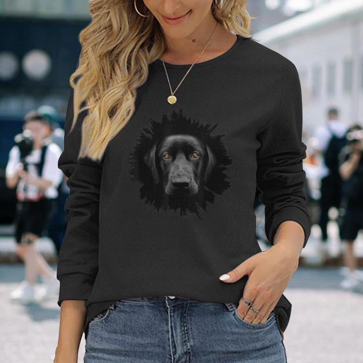 Schwarzes Langarmshirts mit 3D-Hundegesicht-Druck, Modisches Haustier-Motiv Geschenke für Sie