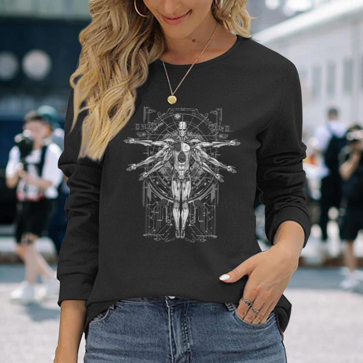 Sci-Fi Robotic Vitruvian Man Cyberpunk Illustration Long Sleeve T-Shirt Gifts for Her