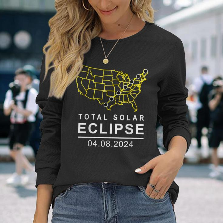 Solar Eclipse 2024 America Totality Path April 8 Usa Map Long Sleeve T-Shirt Gifts for Her