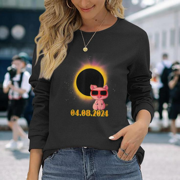 Solar Eclipse 2024 Pig Wearing Solar Eclipse Glasses Long Sleeve T-Shirt Gifts for Her