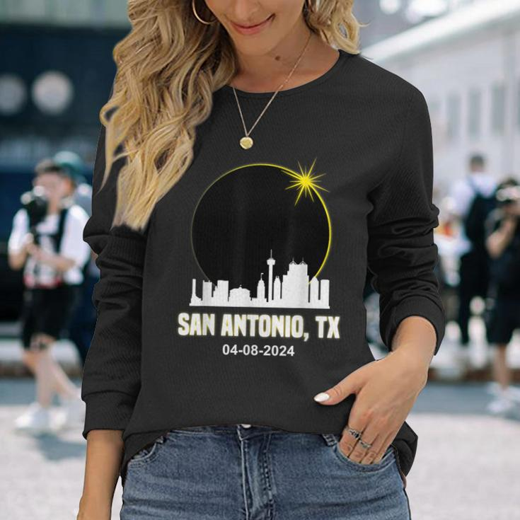 Solar Eclipse 2024 San Antonio Skyline Texas Solar Eclipse Long Sleeve T-Shirt Gifts for Her