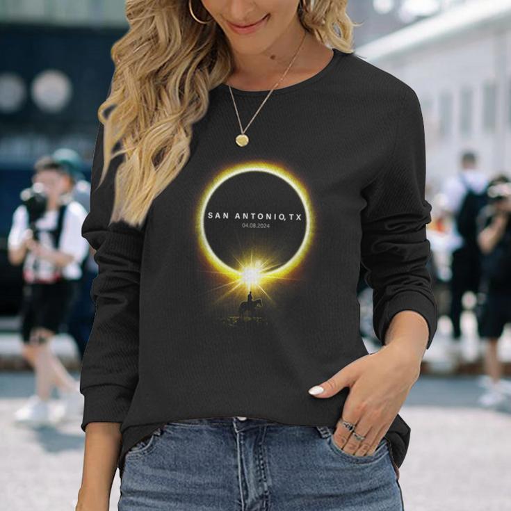 Solar Eclipse 2024 From San Antonio Texas Cowboy On A Horse Long Sleeve T-Shirt Gifts for Her