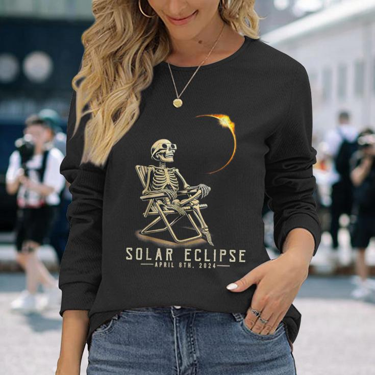 Solar Eclipse April 8 2024 Skeleton Solar Eclipse Glasses Long Sleeve T-Shirt Gifts for Her