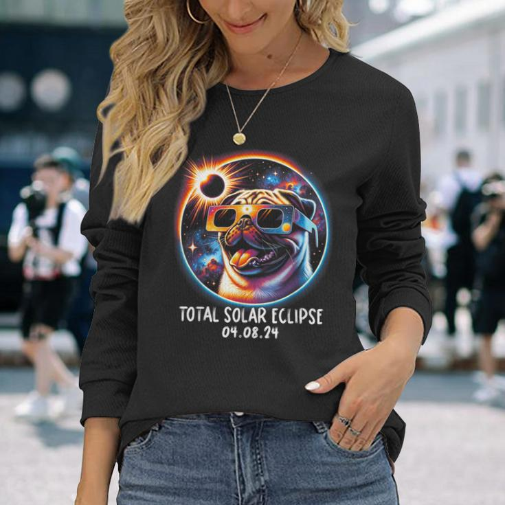 Solar Eclipse Pug Wearing Glasses Pet April 8 2024 Long Sleeve T-Shirt Gifts for Her