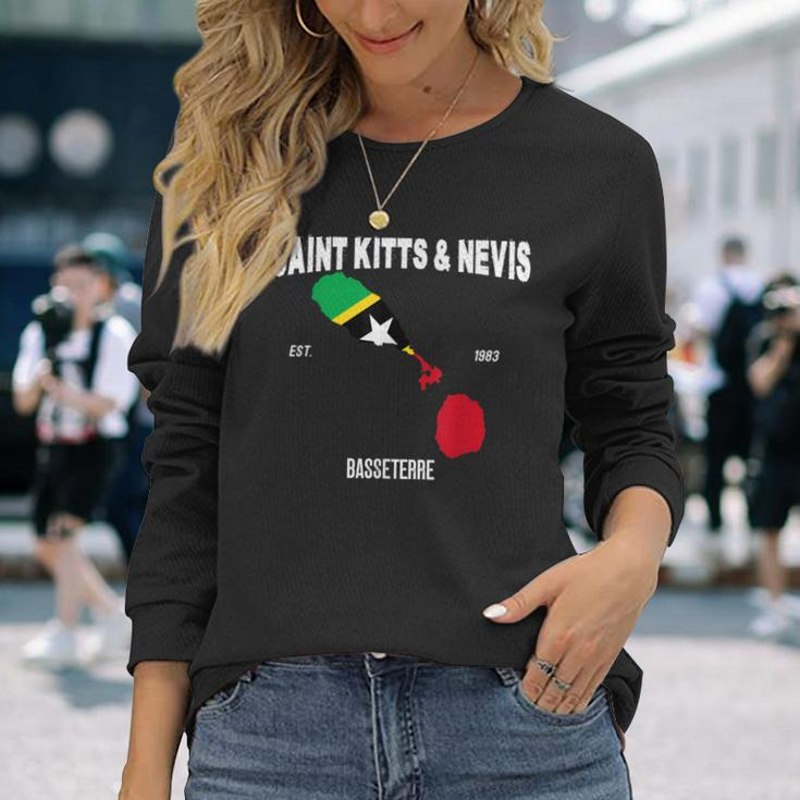 St Kitts & Nevis Flag Map Kittitian Nevisian National Day Long Sleeve T-Shirt Gifts for Her