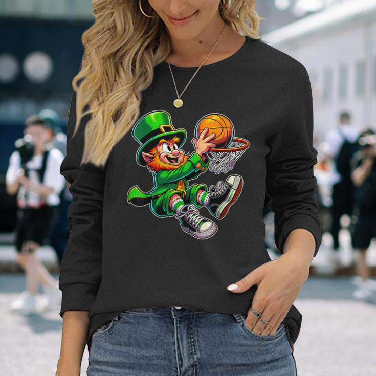 St Patrick's Day Irish Leprechaun Basketball Player Dunk Long Sleeve T-Shirt Gifts for Her
