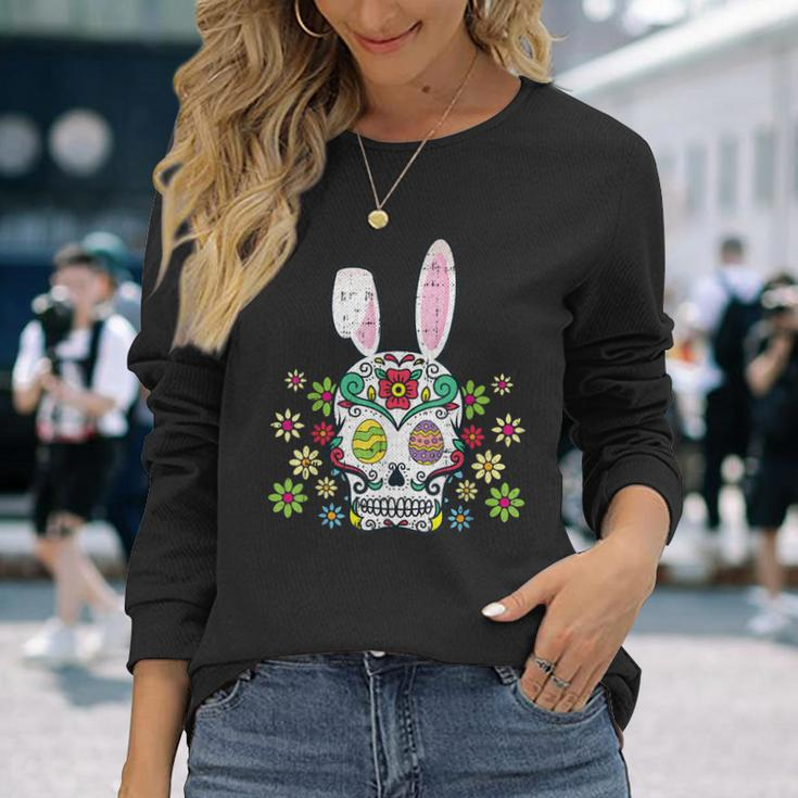 Sugar Skull Happy Easter Bunny Ears Cute Long Sleeve T-Shirt Gifts for Her