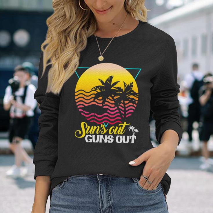 Suns Out Guns Out Retro 80S Beach Scene Palm Tree Sunset Long Sleeve T-Shirt Gifts for Her