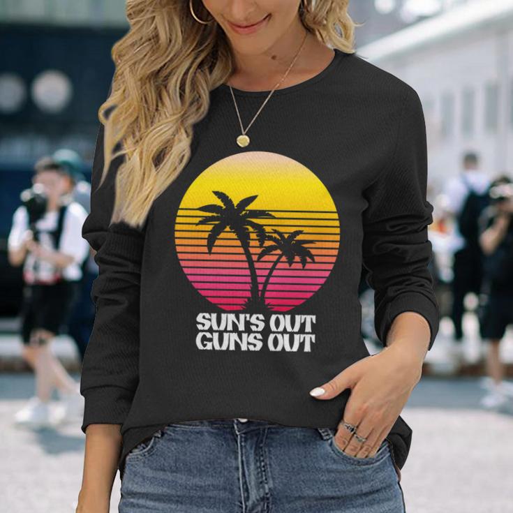 Suns Out Guns Out Retro 80S Beach Scene Palm Tree Sunset Long Sleeve T-Shirt Gifts for Her