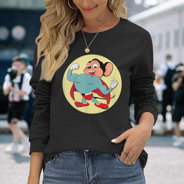 Superhero Cartoon Mouse In Red Cape Vintage Boomer Cartoon Long Sleeve T-Shirt Gifts for Her