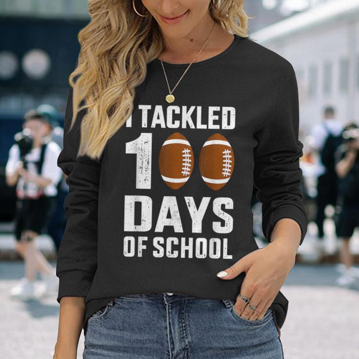 I Tackled 100 Days School 100Th Day Football Student Teacher Long Sleeve T-Shirt Gifts for Her