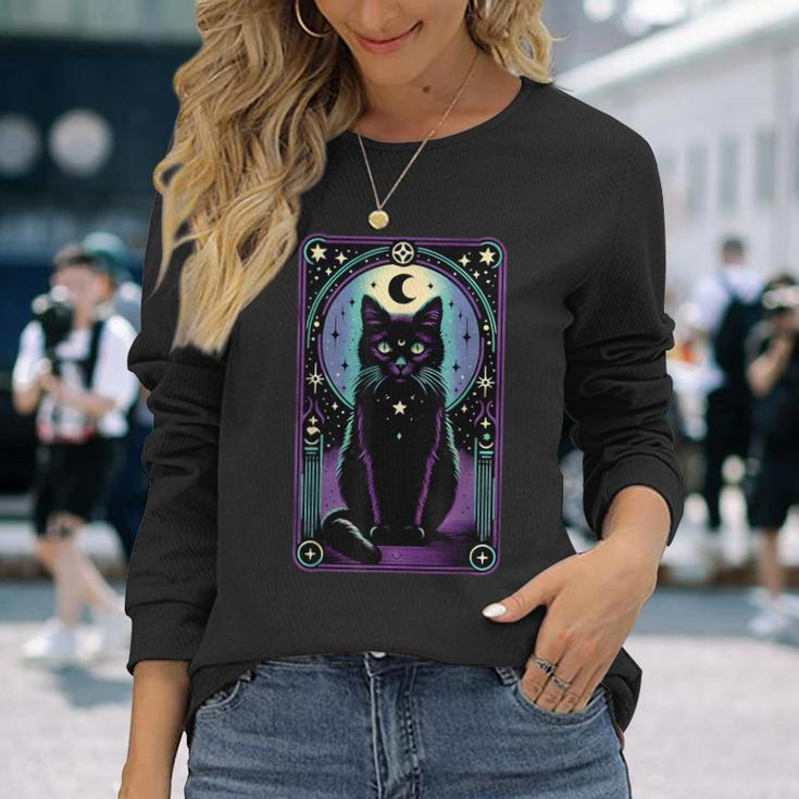 Tarot Card Crescent Moon Black Cat Lover Tarot Cat Vintage Long Sleeve T-Shirt Gifts for Her