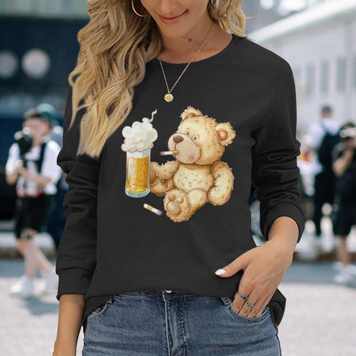 Teddy Bear Smokes And Drinks Beer For Men's Day Father's Day Long Sleeve T-Shirt Gifts for Her