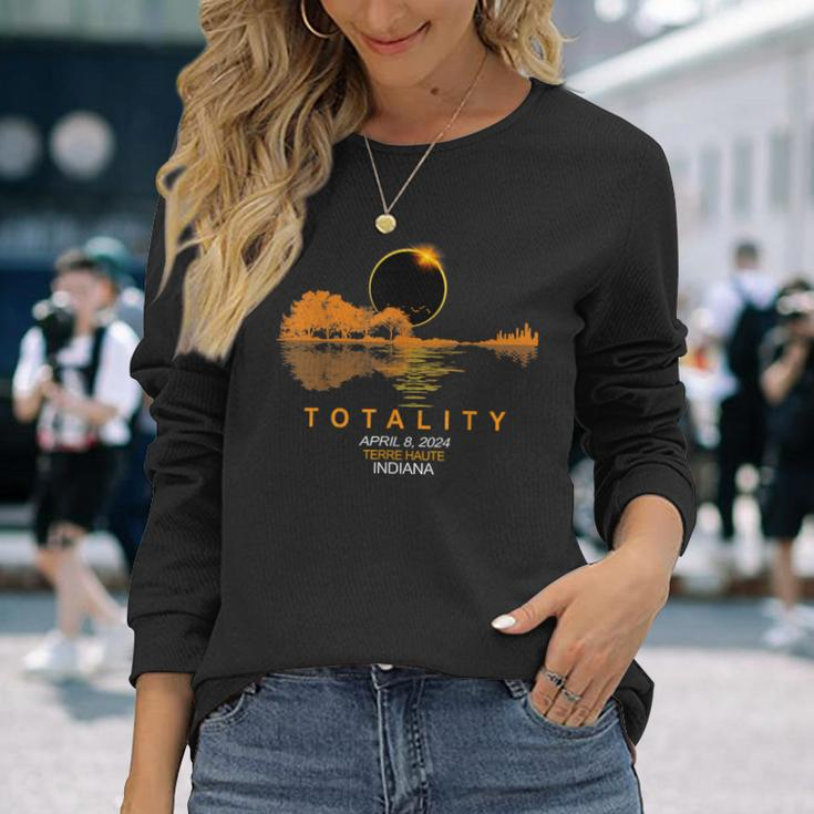 Terre Haute Indiana Total Solar Eclipse 2024 Guitar Long Sleeve T-Shirt Gifts for Her