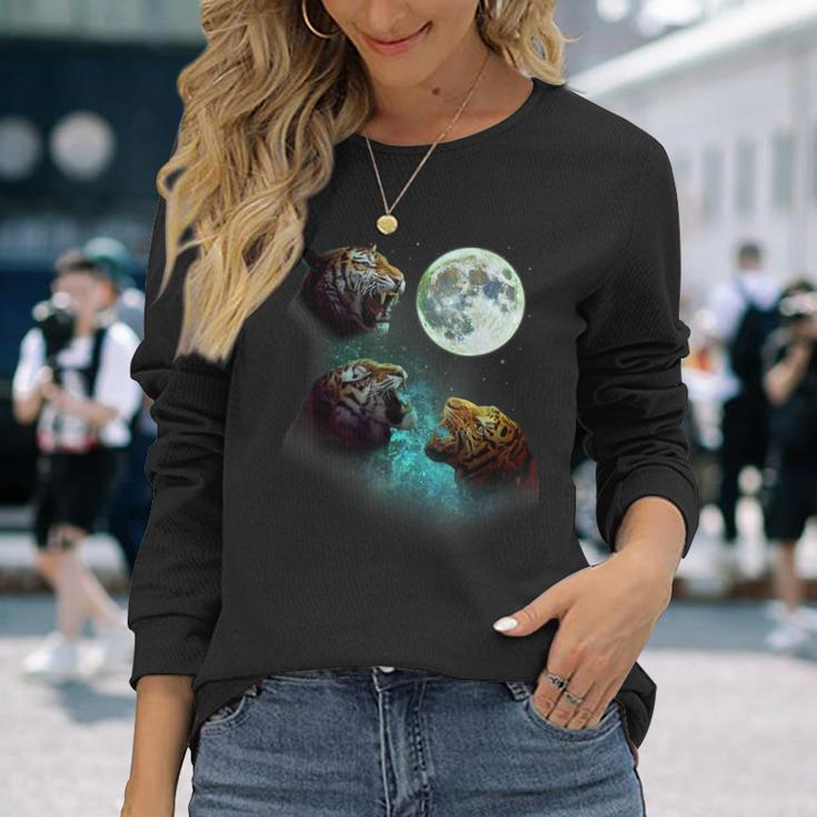 Three Tigers Howl At Moon 3 Wolfs Wolves Parody Long Sleeve T-Shirt Gifts for Her