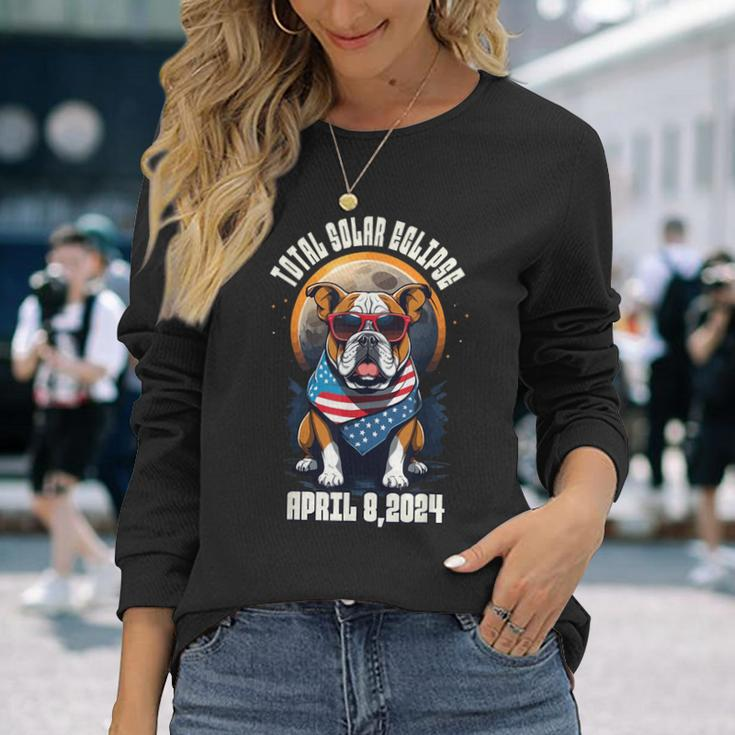 Total Solar Eclipse 2024 Frenchie Bulldog Dad Usa Flag Long Sleeve T-Shirt Gifts for Her