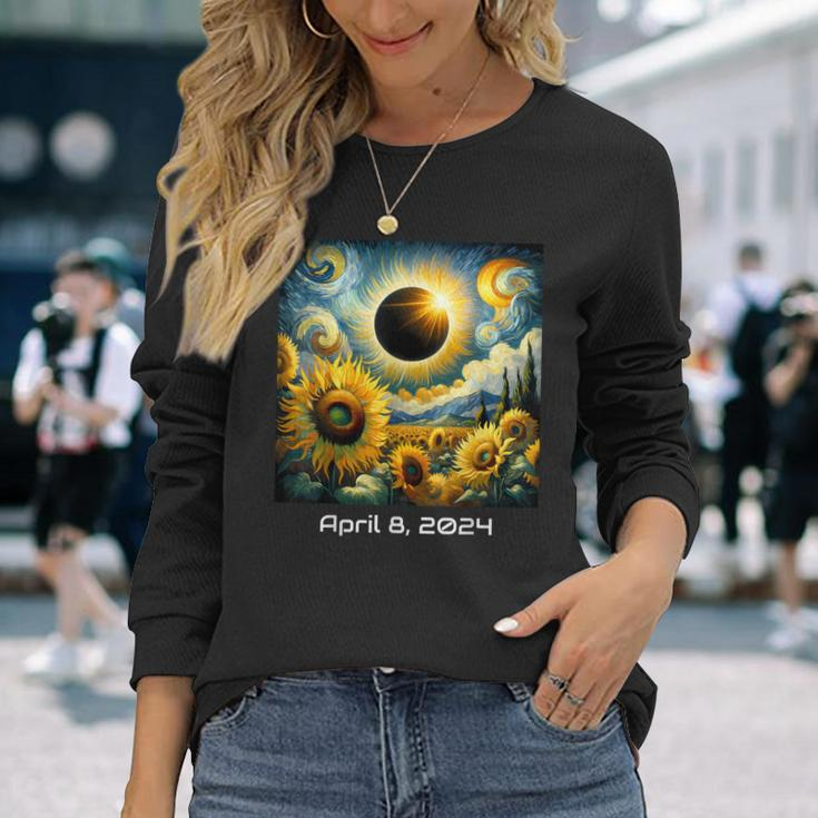 Total Solar Eclipse 2024 Sunflowers Painting Van Gogh Long Sleeve T-Shirt Gifts for Her