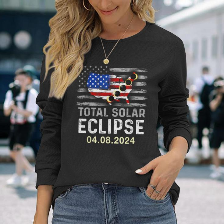 Total Solar Eclipse 2024 Eclipse Usa American Patriotic Flag Long Sleeve T-Shirt Gifts for Her