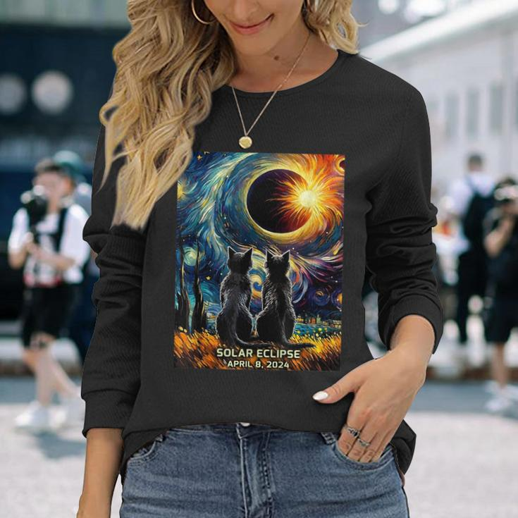 Total Solar Eclipse April 8 2024 Van Gogh Cat Lovers Long Sleeve T-Shirt Gifts for Her