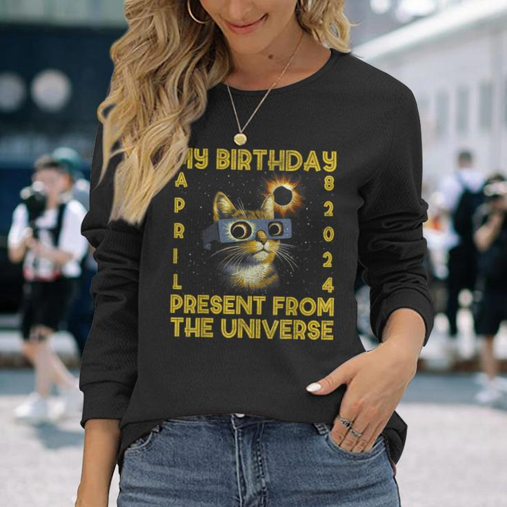 Total Solar Eclipse Birthday April 8 2024 Cat Birthday Party Long Sleeve T-Shirt Gifts for Her