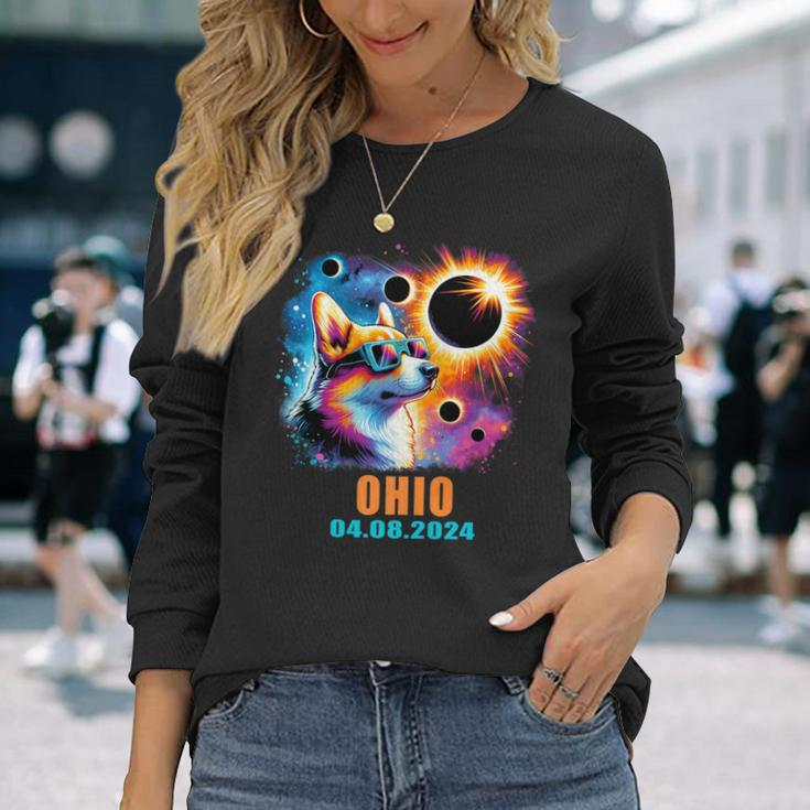 Totality Total Solar Eclipse 2024 Ohio Corgi Dog Long Sleeve T-Shirt Gifts for Her