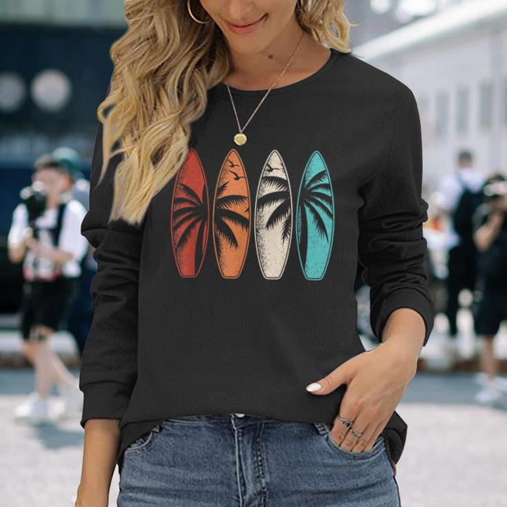 Tropical Hawaii Palm Tree Surfing Beach Surfboard Retro Surf Long Sleeve T-Shirt Gifts for Her