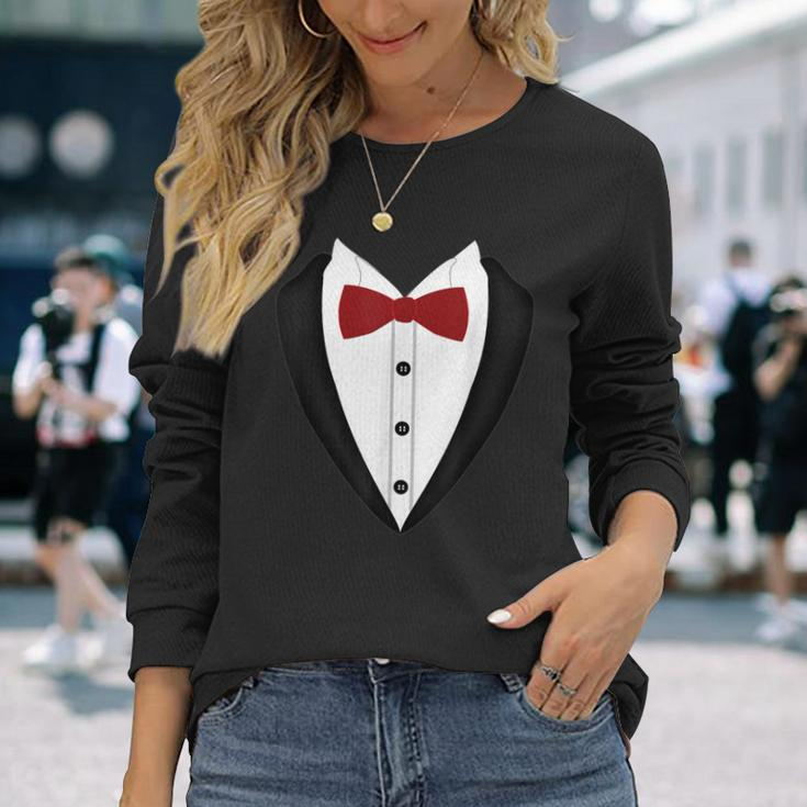 Tuxedo With Red Bow Tie Printed Suit Long Sleeve T-Shirt Gifts for Her