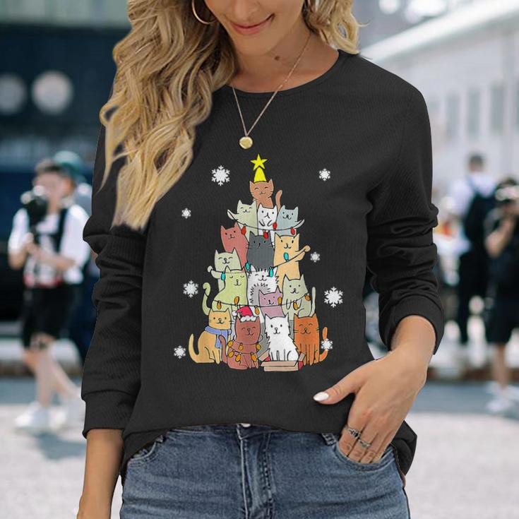 Ugly Christmas Sweater Cat Tree Xmas Cat Long Sleeve T-Shirt Gifts for Her