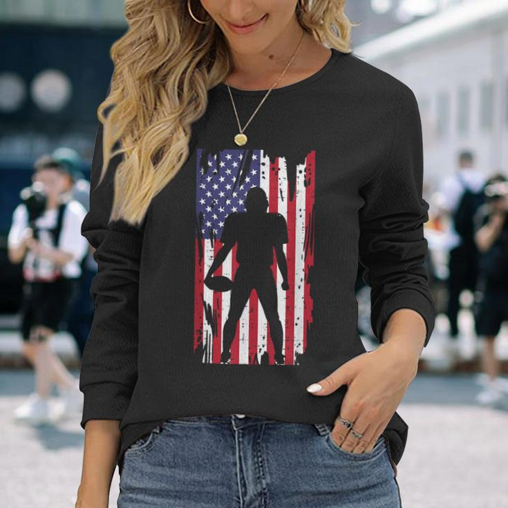 Us Flag American Football Player Silhouette Vintage Patriot Long Sleeve T-Shirt Gifts for Her