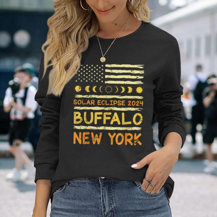 Us Flag American Total Solar Eclipse 2024 Buffalo New York Long Sleeve T-Shirt Gifts for Her