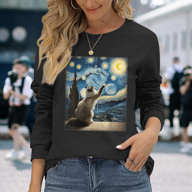 Van Gogh Starry Night Style Artistic Ragdoll Cat Long Sleeve T-Shirt Gifts for Her