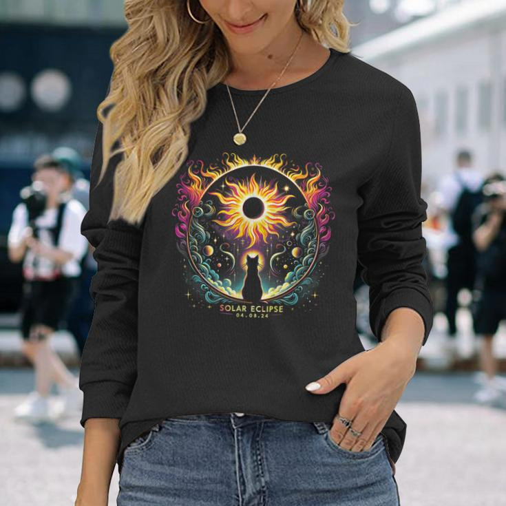 View Totality April 8 2024 Solar Eclipse Cat Lover Astronomy Long Sleeve T-Shirt Gifts for Her